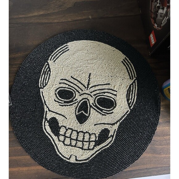 Halloween Beaded Skeleton Skull 15in Placemat Goth Spooky Haunted - Picture 2 of 13